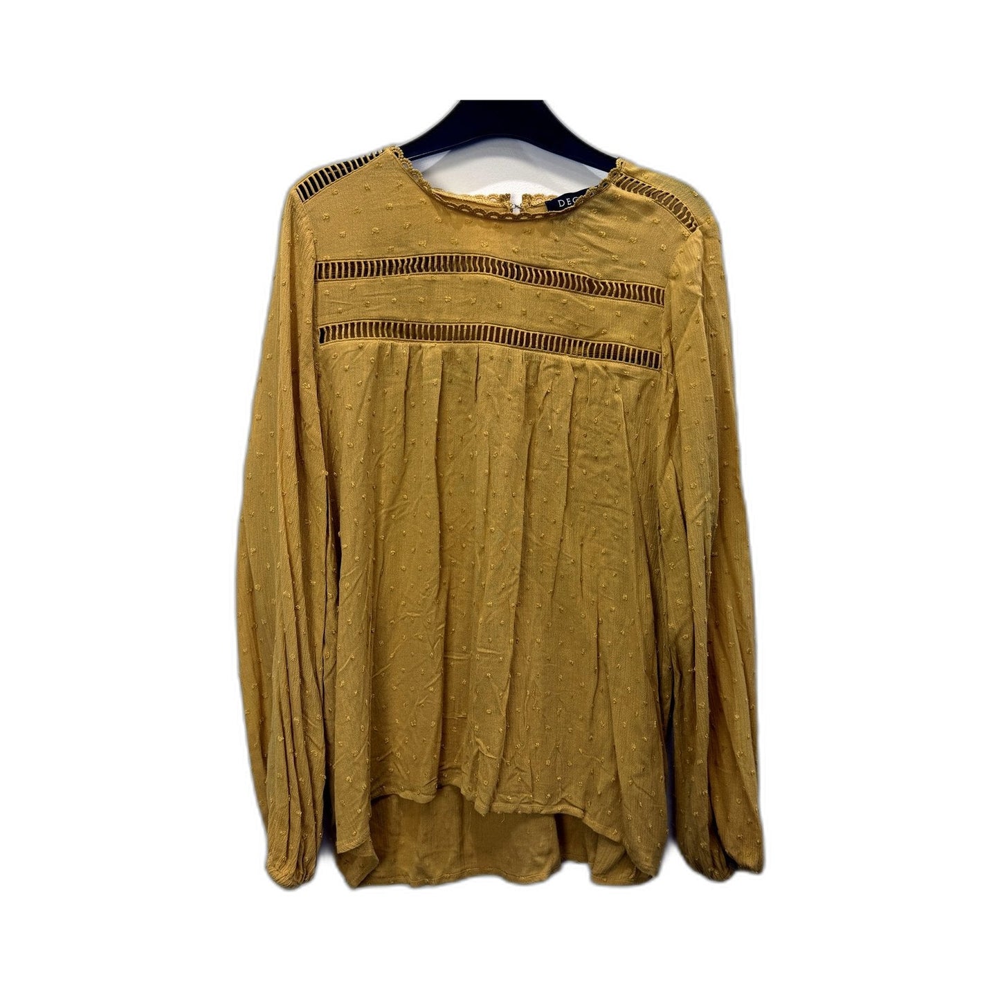Decjuba Womens Pleated Dot Blouse in Mustard Yellow with Long Sleeves - Size 12