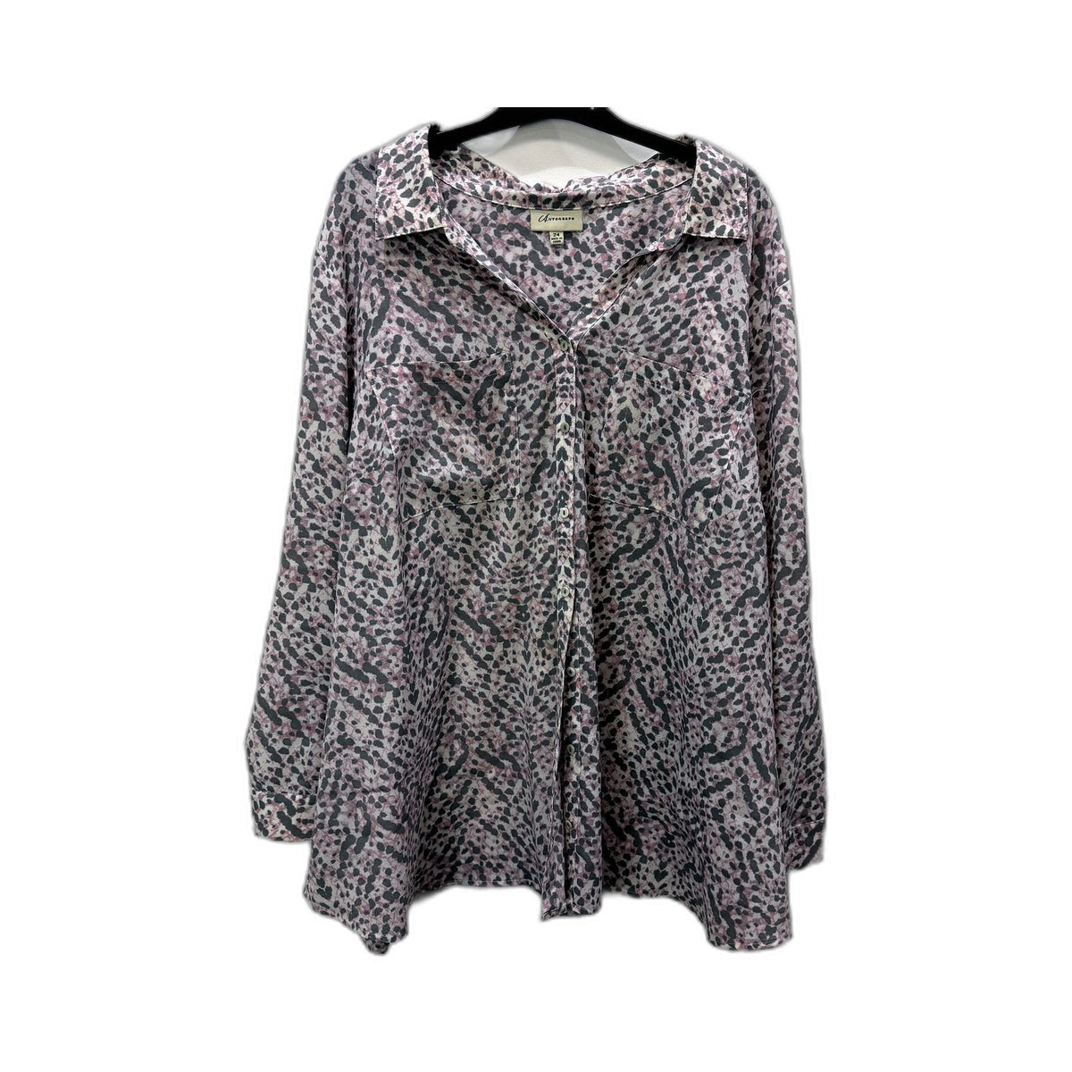 Autograph Womens Button-Down Shirt Leopard Print Long Sleeve Gray Size 24
