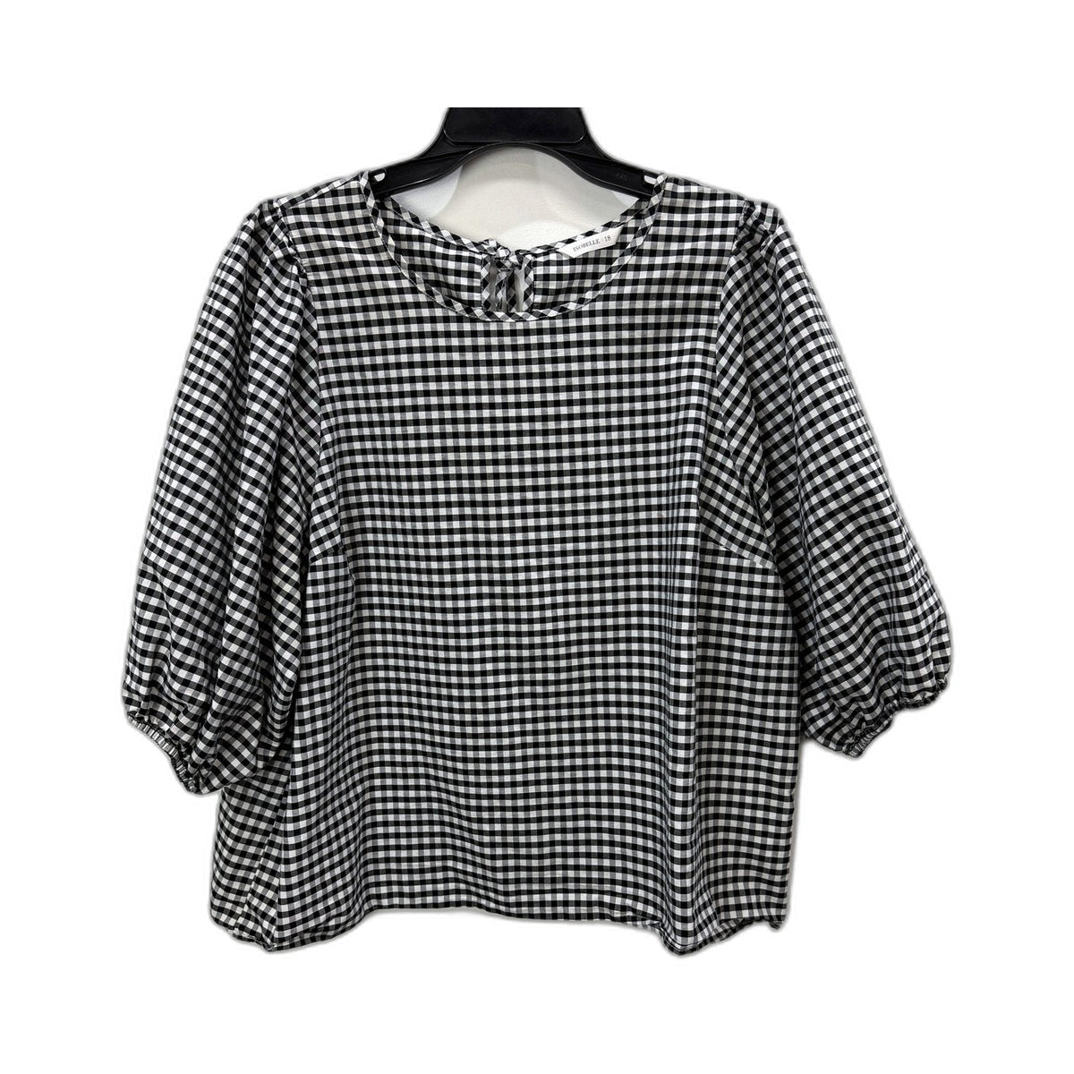Isobelle Womens Gingham Blouse Puff Sleeve Tie Neck Checkered Shirt Black NEW