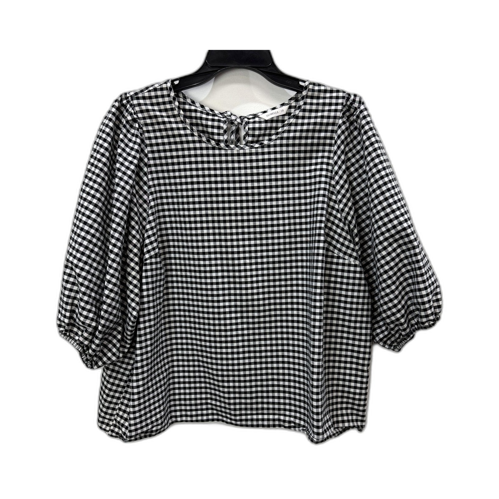 Isobelle Womens Gingham Blouse Puff Sleeve Tie Neck Checkered Shirt Black NEW