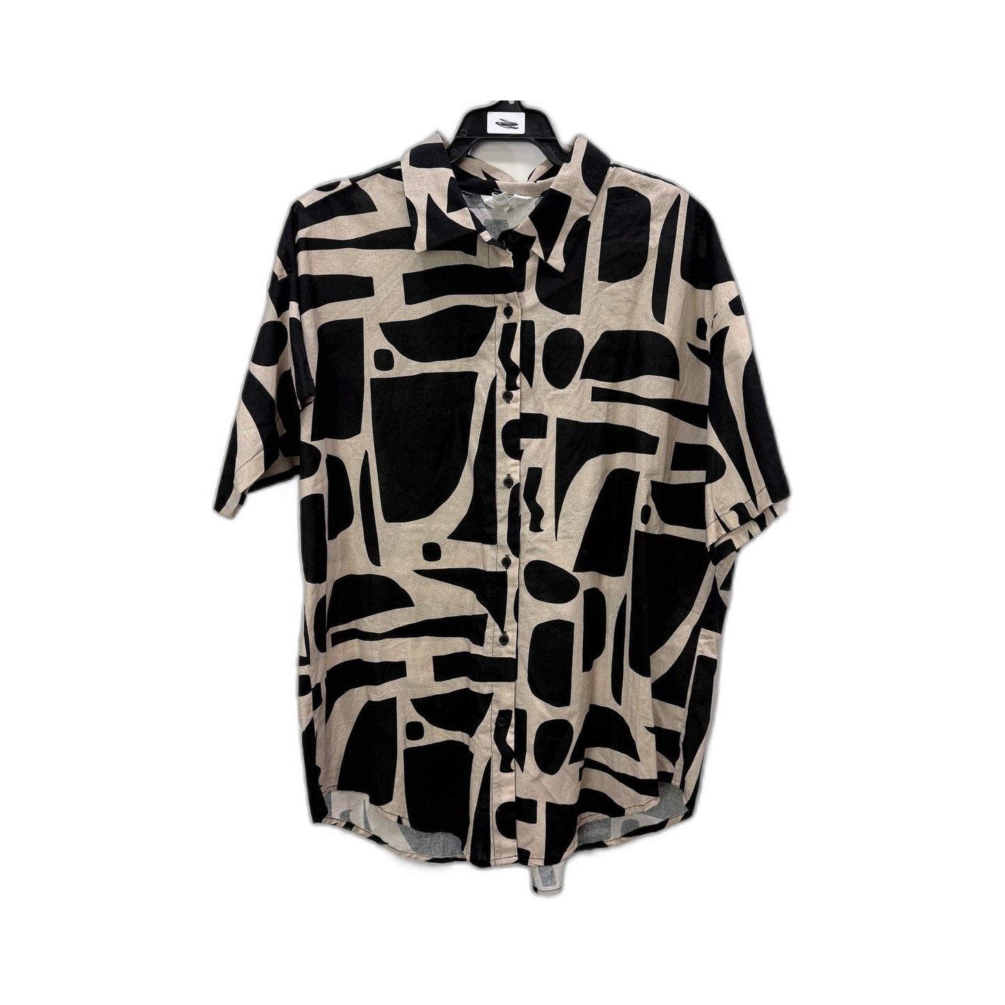Subtitled Womens Button-Down Linen Shirt Short Sleeve Black Beige Size L NEW