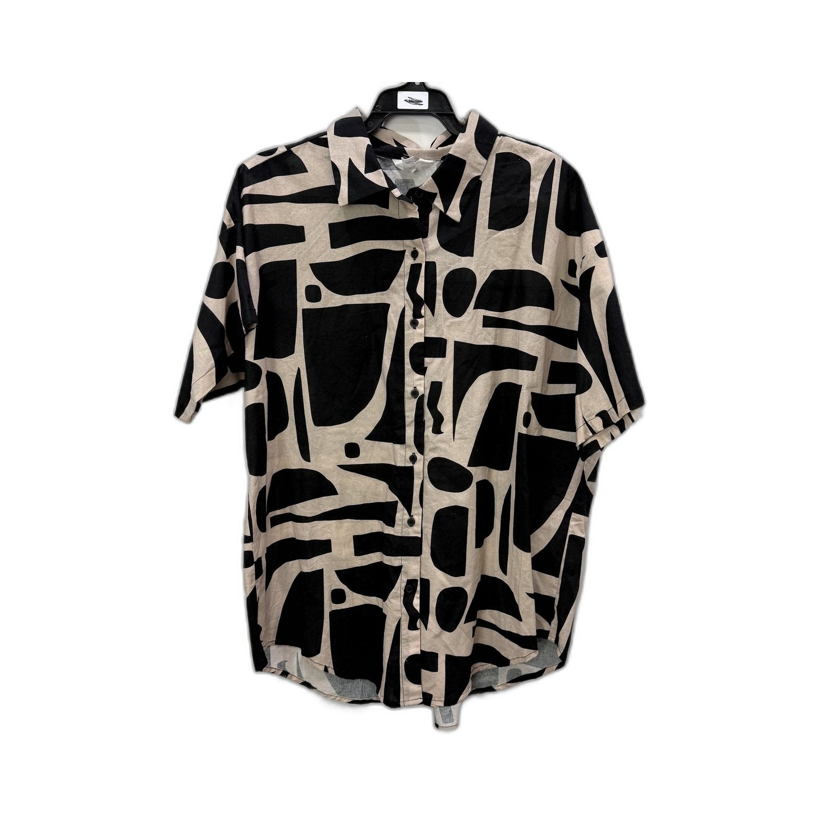 Subtitled Womens Button-Down Linen Shirt Short Sleeve Black Beige Size L NEW