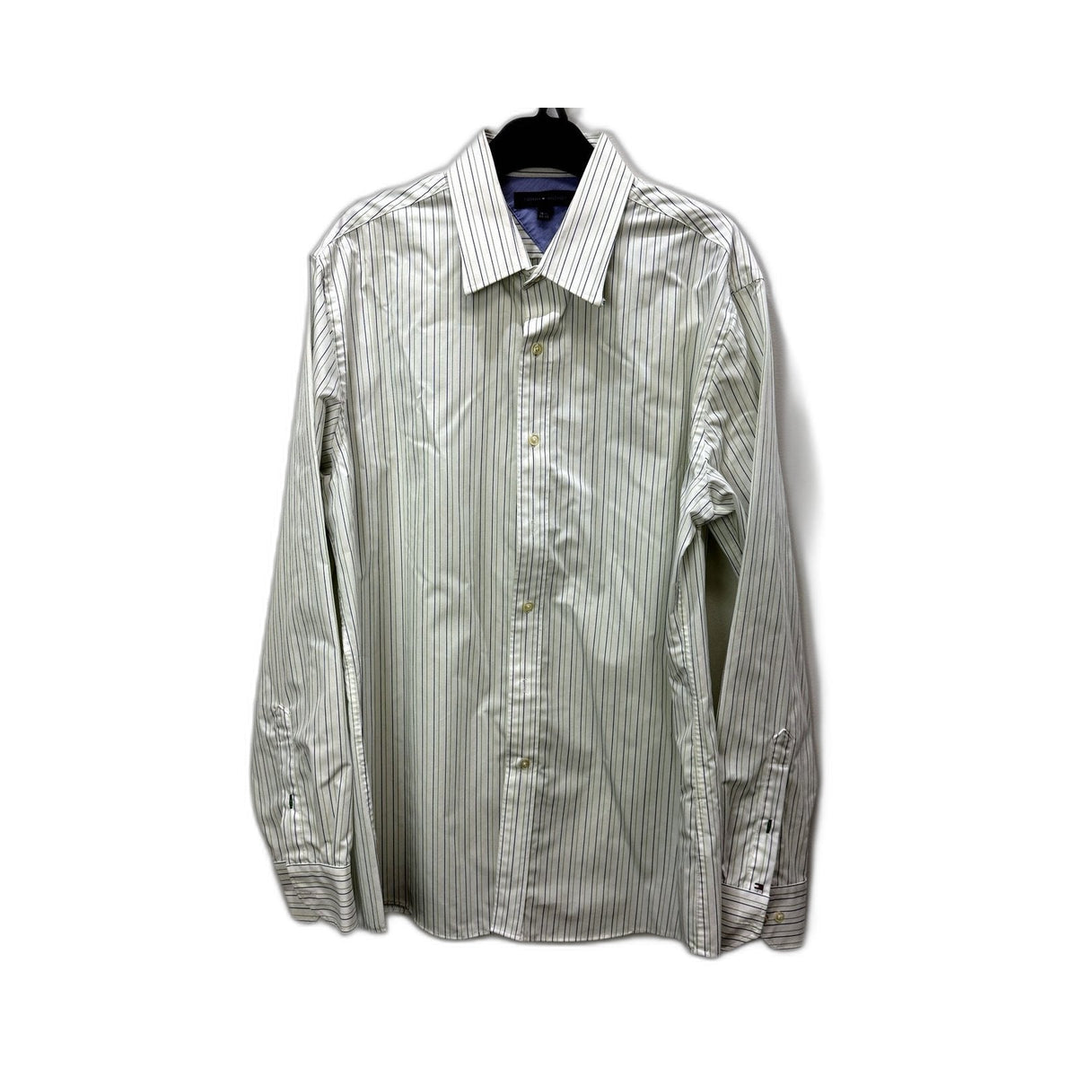 Tommy Hilfiger Mens Striped Dress Shirt White with Navy and Green Size 34-35