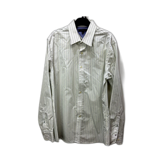 Tommy Hilfiger Mens Striped Dress Shirt White with Navy and Green Size 34-35