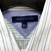 Tommy Hilfiger Mens Striped Dress Shirt White with Navy and Green Size 34-35