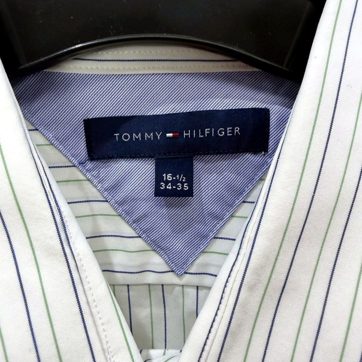 Tommy Hilfiger Mens Striped Dress Shirt White with Navy and Green Size 34-35