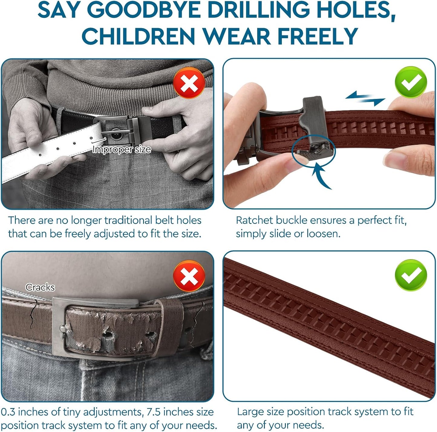 PlusZis Adjustable Belts Kids Leather Ratchet Belt for 25"-28" Waists, NEW