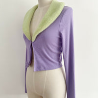 Finesse Size Small Faux Fur-Trimmed Purple Knit Cardigan