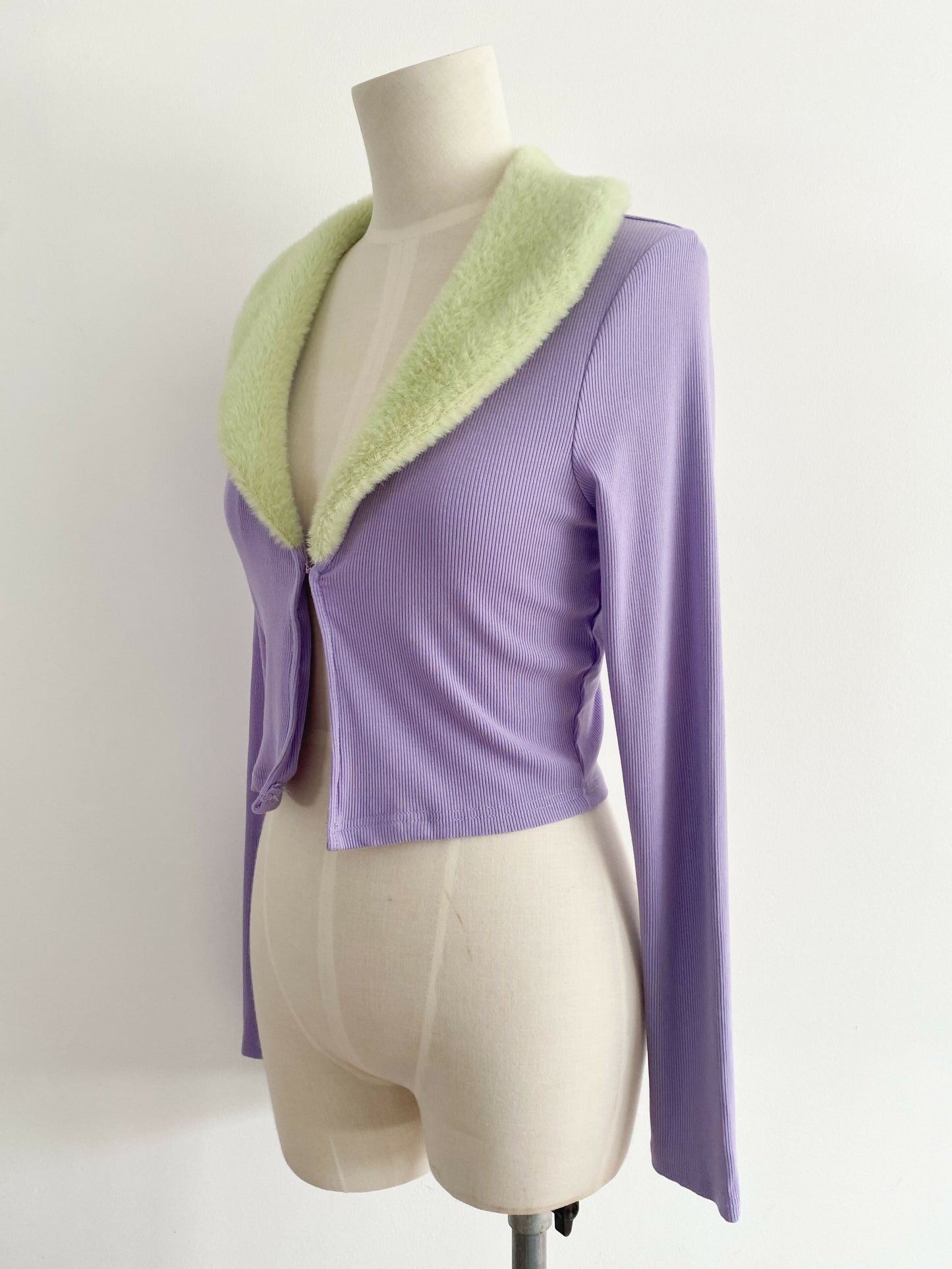 Finesse Size Small Faux Fur-Trimmed Purple Knit Cardigan