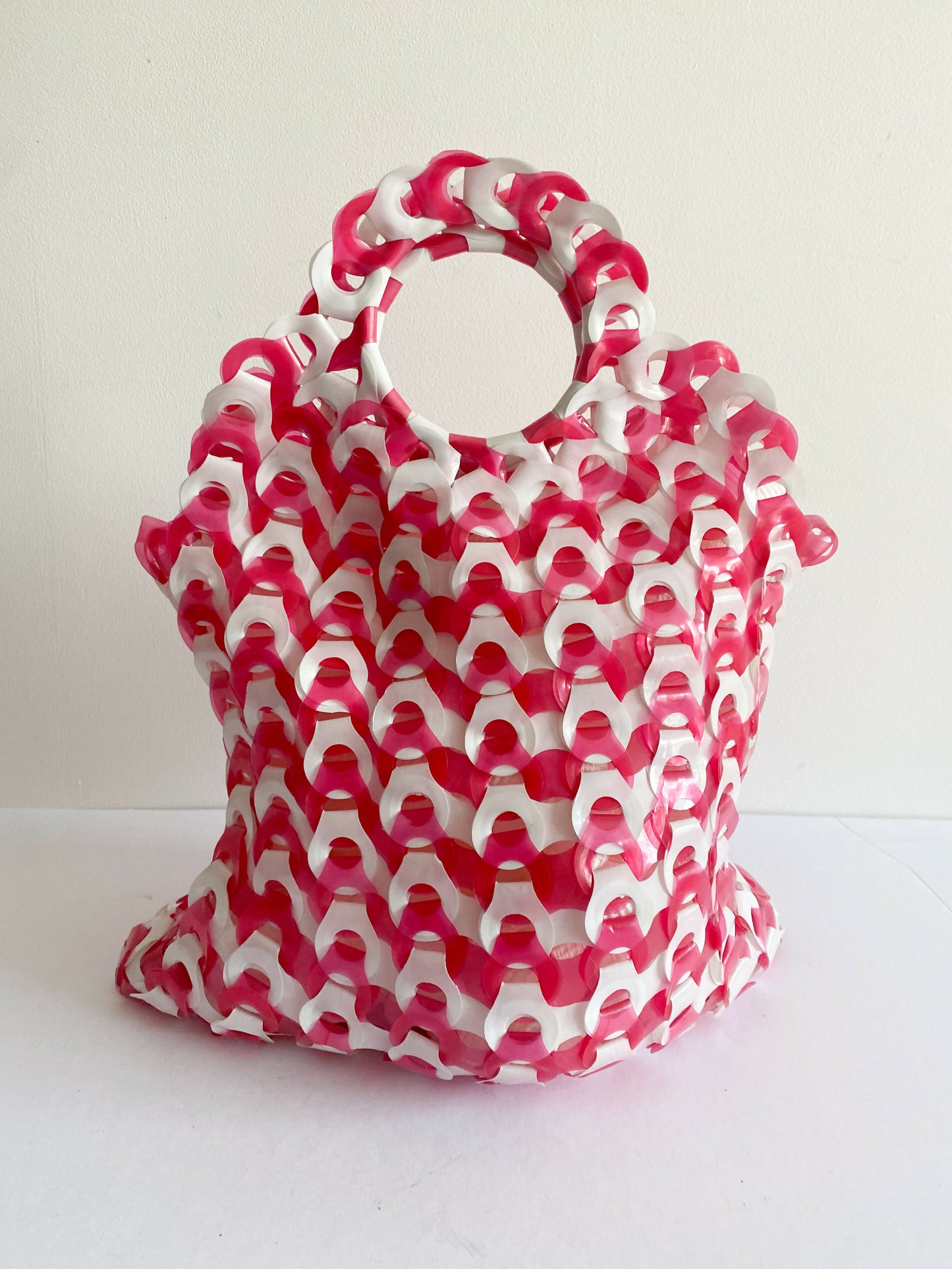 Woven Pink and White Plastic Tote