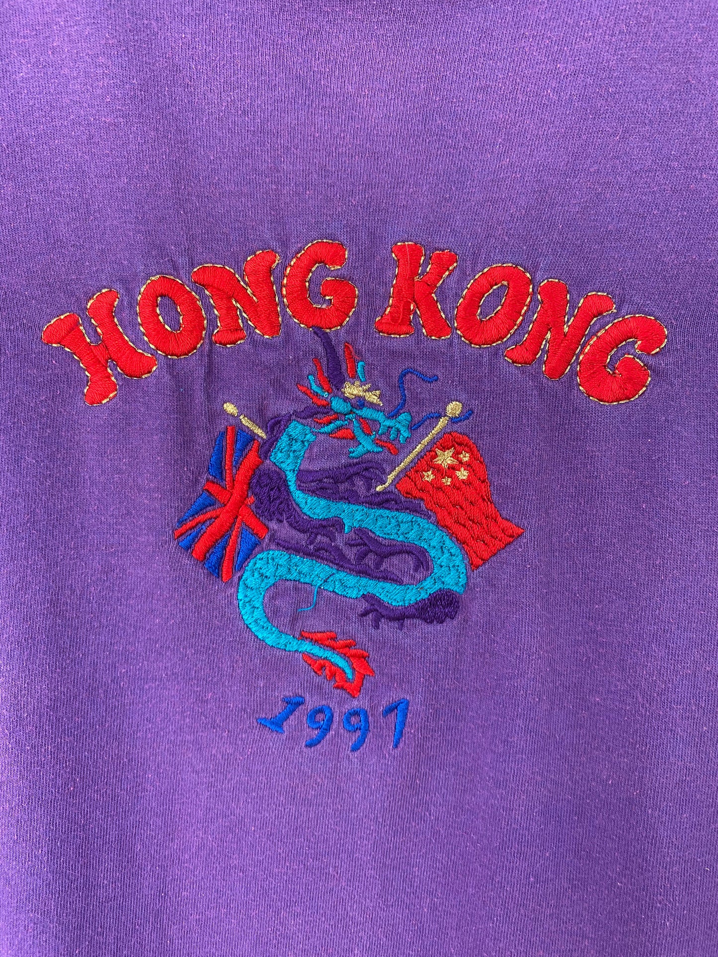 Men's Size XL Vintage 1997 Hong Kong Purple Cotton Embroidered T-Shirt