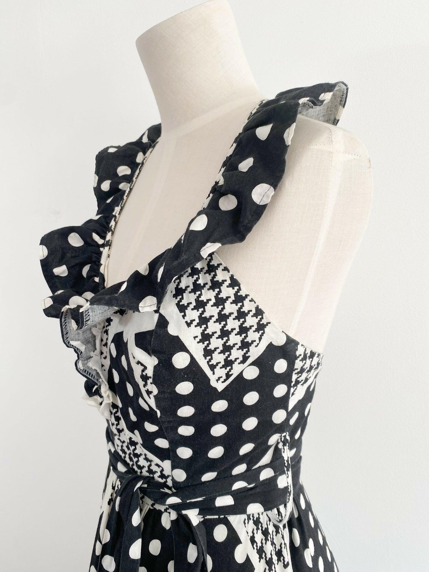 Pret-A-Porter Size 8 Monochrome Ruffled Polka-Dot Cotton Midi Dress