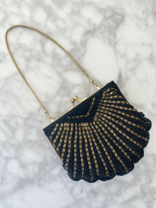 Vintage Beaded Black and Gold Clutch