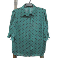 Portmans Green & Black Polka Dots Frill Sleeve Top Ladies Size L NEW