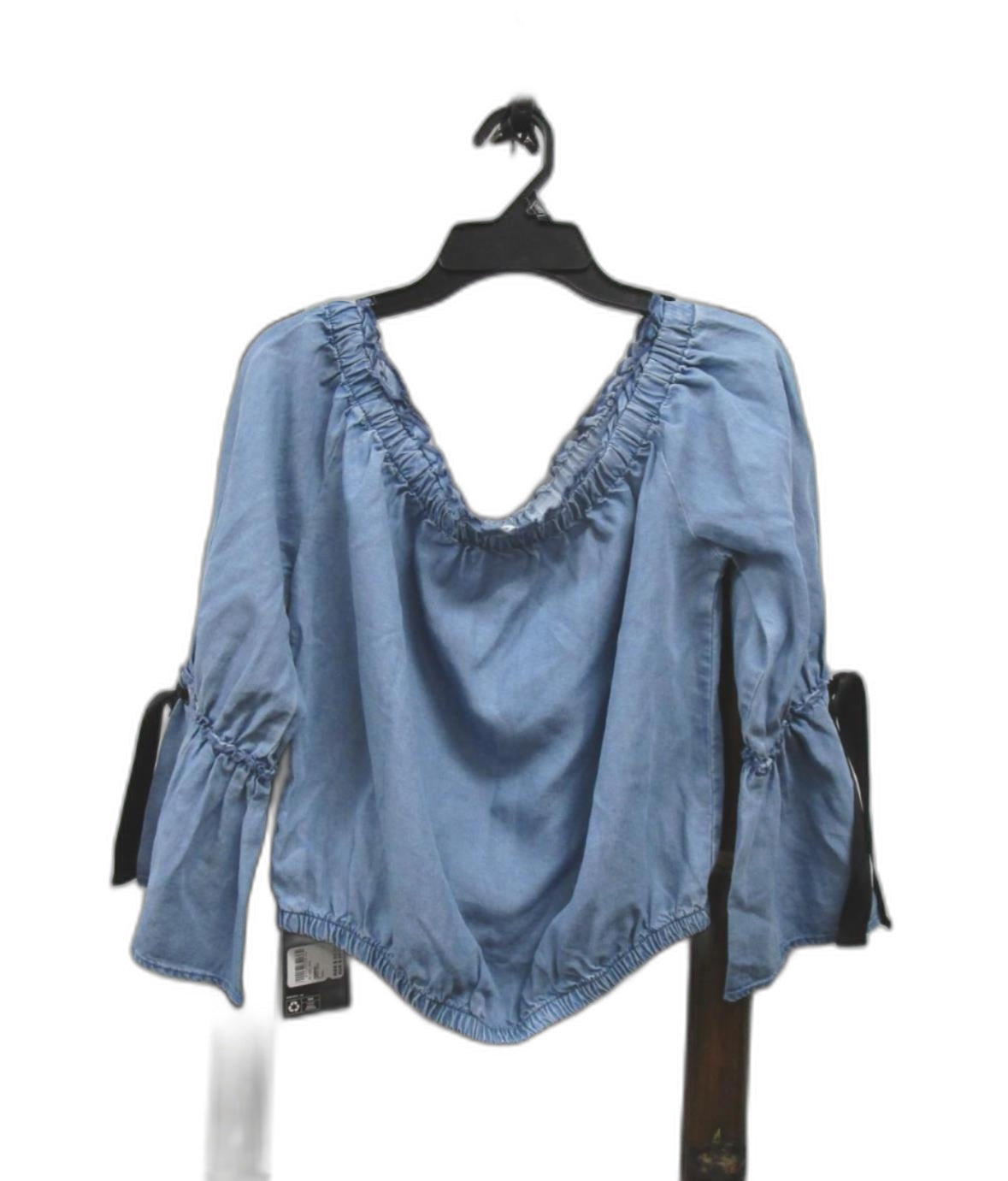 Re:Denim Medium Blue Flare Sleeve Frill Denim Crop Top Ladies Sz 8 NEW