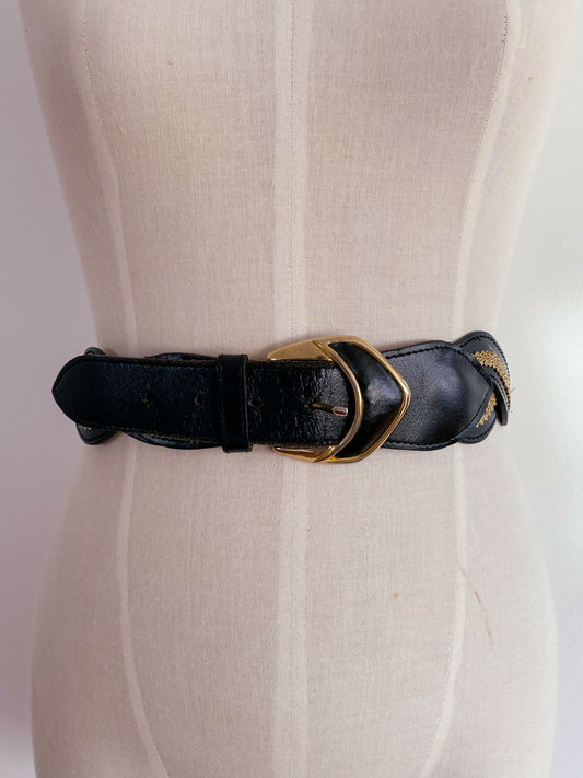 Twisted Black Leather Embellished Belt