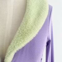 Finesse Size Small Faux Fur-Trimmed Purple Knit Cardigan