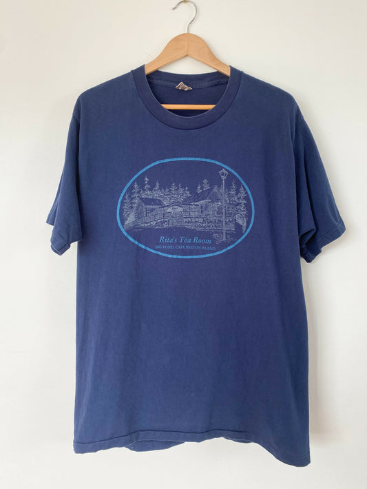 Men's Size L Navy Rita's Tea Room Cotton Print T-Shirt