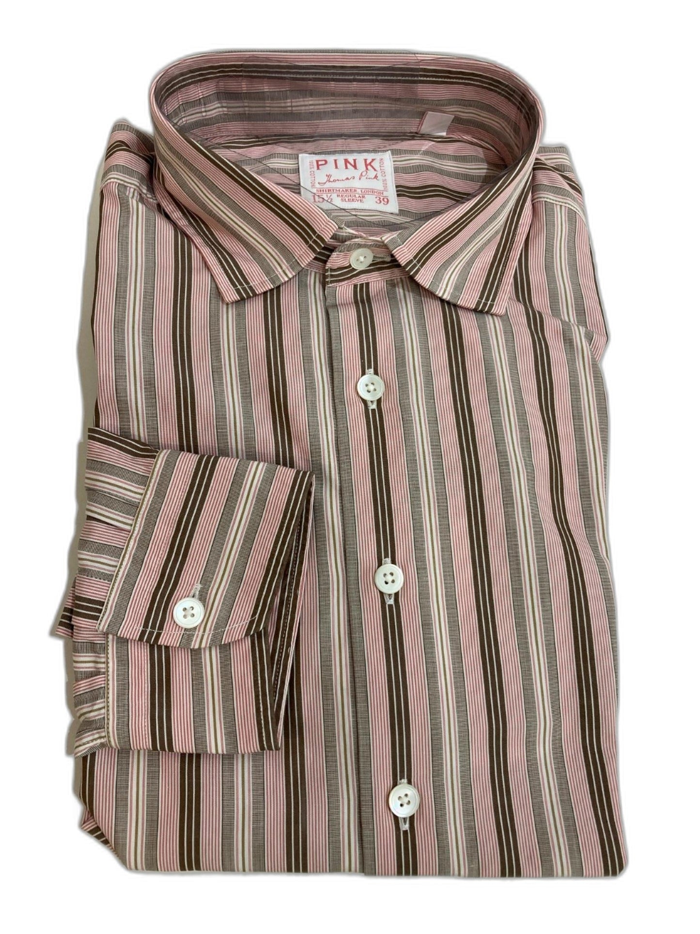 Thomas Pink Cotton Business Shirt Pink Brown Lines Men Sz 15.5/39R NEW