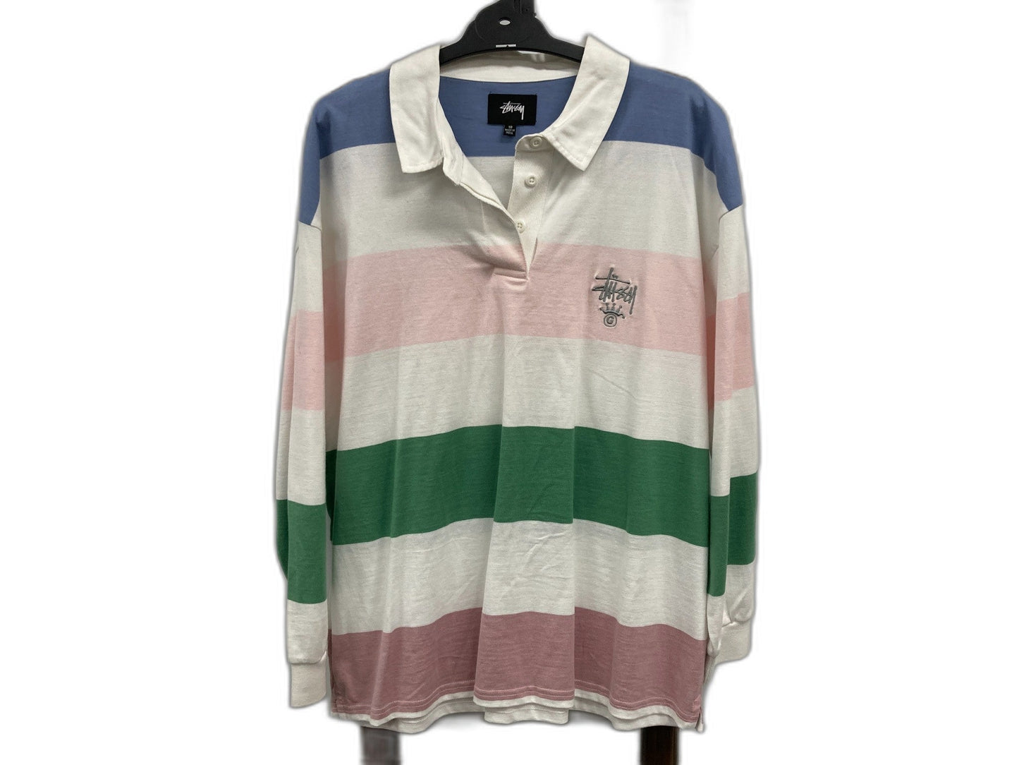 Stussy Kendal Oversized Striped Rugby Top Pink/Green Ladies Sz 10 NEW