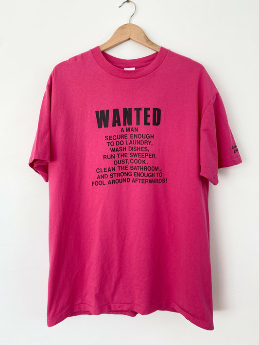 Men's Size XL Vintage Wanted Ad Pink Cotton T-Shirt