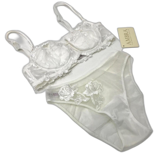 Ambra Sheer Underwire Flower Soft Bra Lingerie Set White Sz 10 NEW