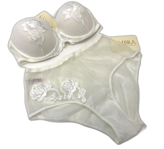 Ambra Sheer Underwire Flower Hard Cup Bra Lingerie Set White Sz 10 NEW