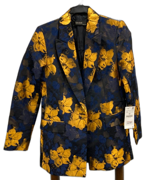 Zara Basics Single Button Lined Floral Jacket Navy Gold Ladies Size Small NEW