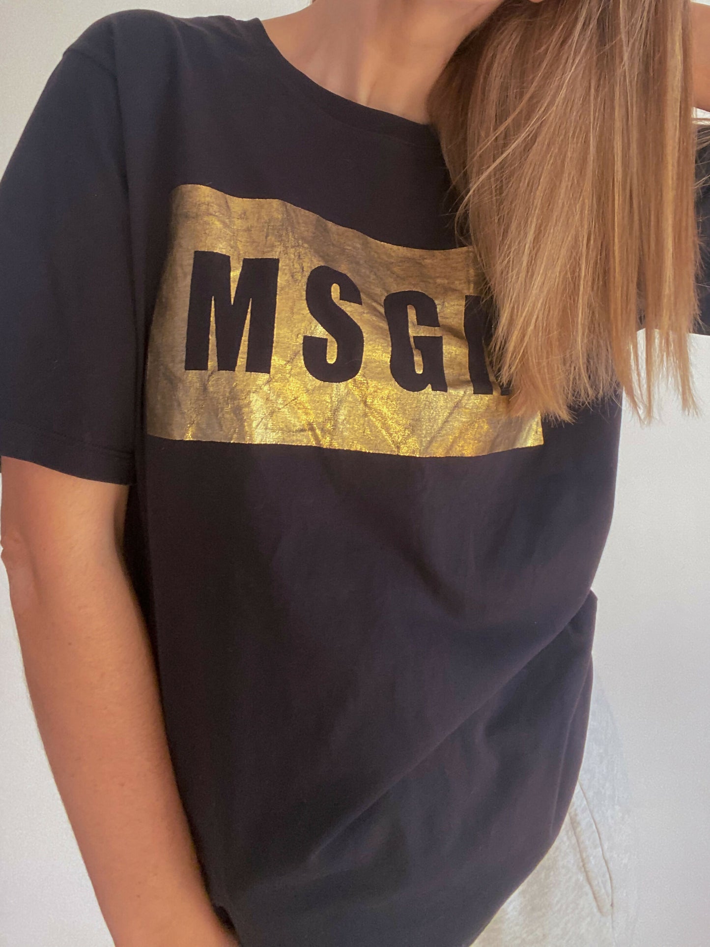 MSGM Size Medium Foil-Printed Black Cotton T-Shirt