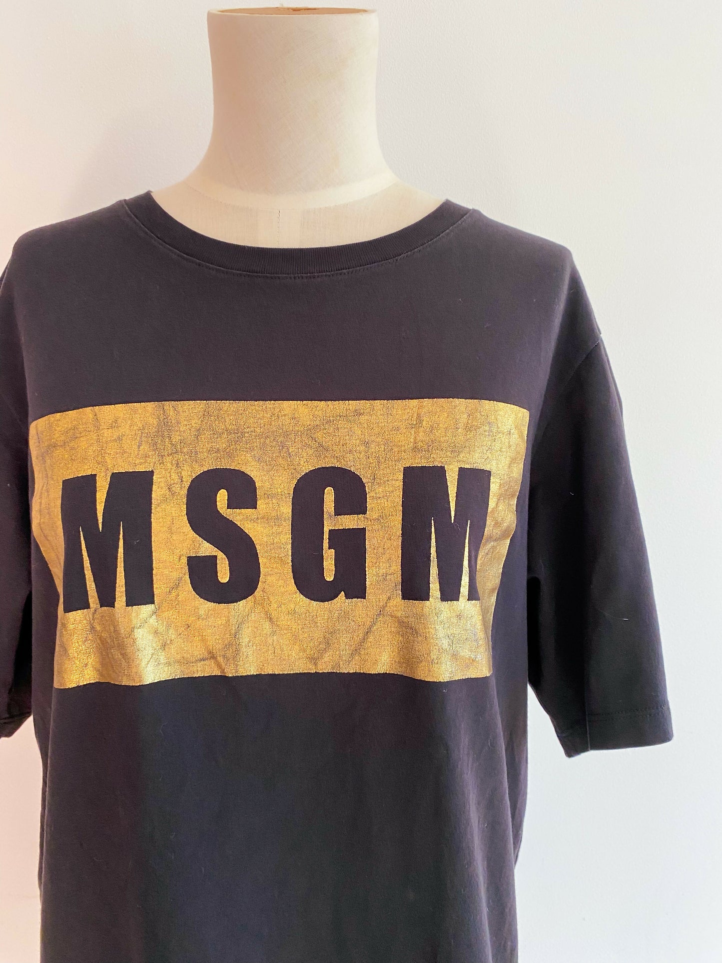 MSGM Size Medium Foil-Printed Black Cotton T-Shirt