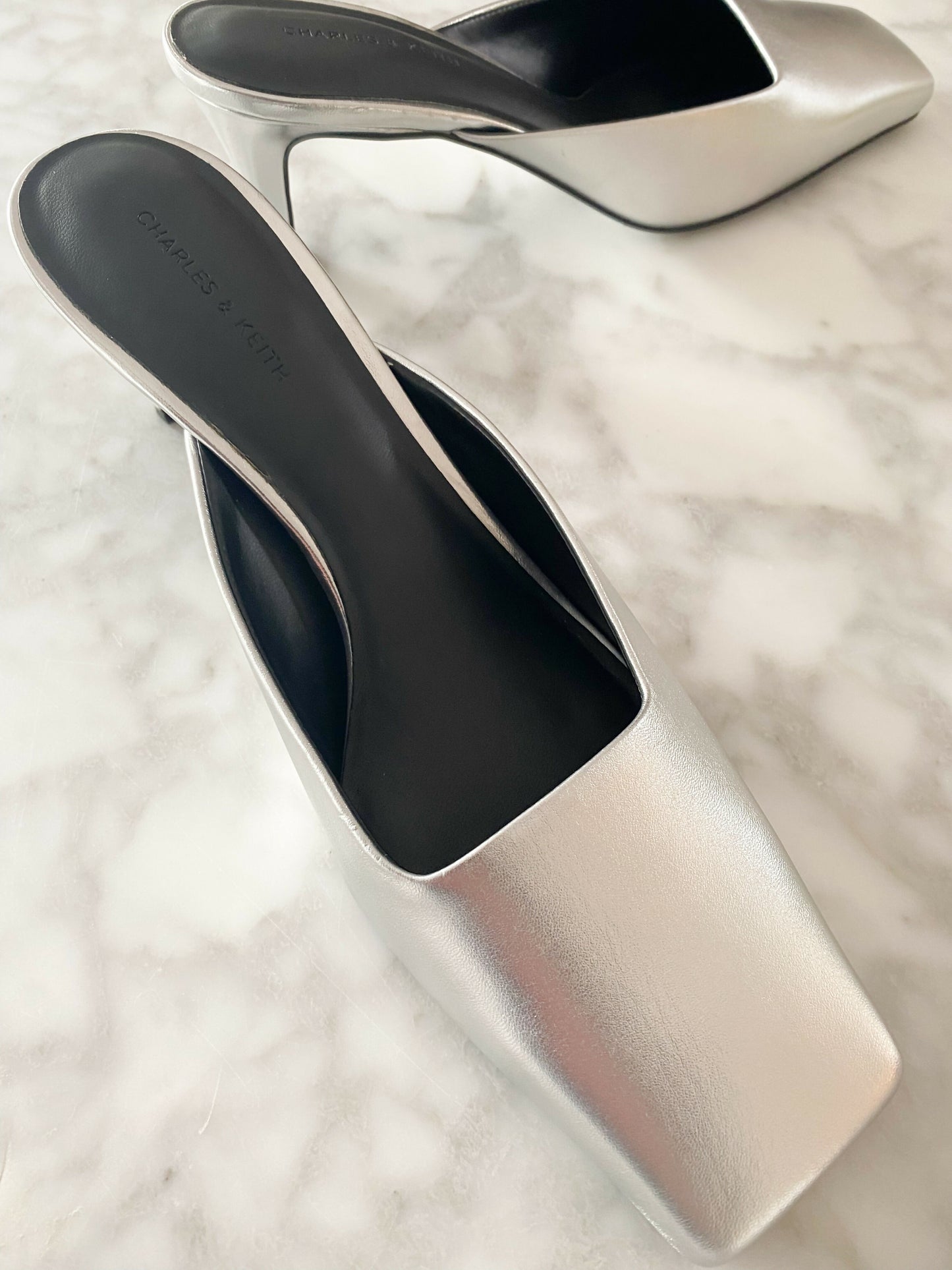 Charles & Keith Silver-Tone Leather Square-Toe Mules