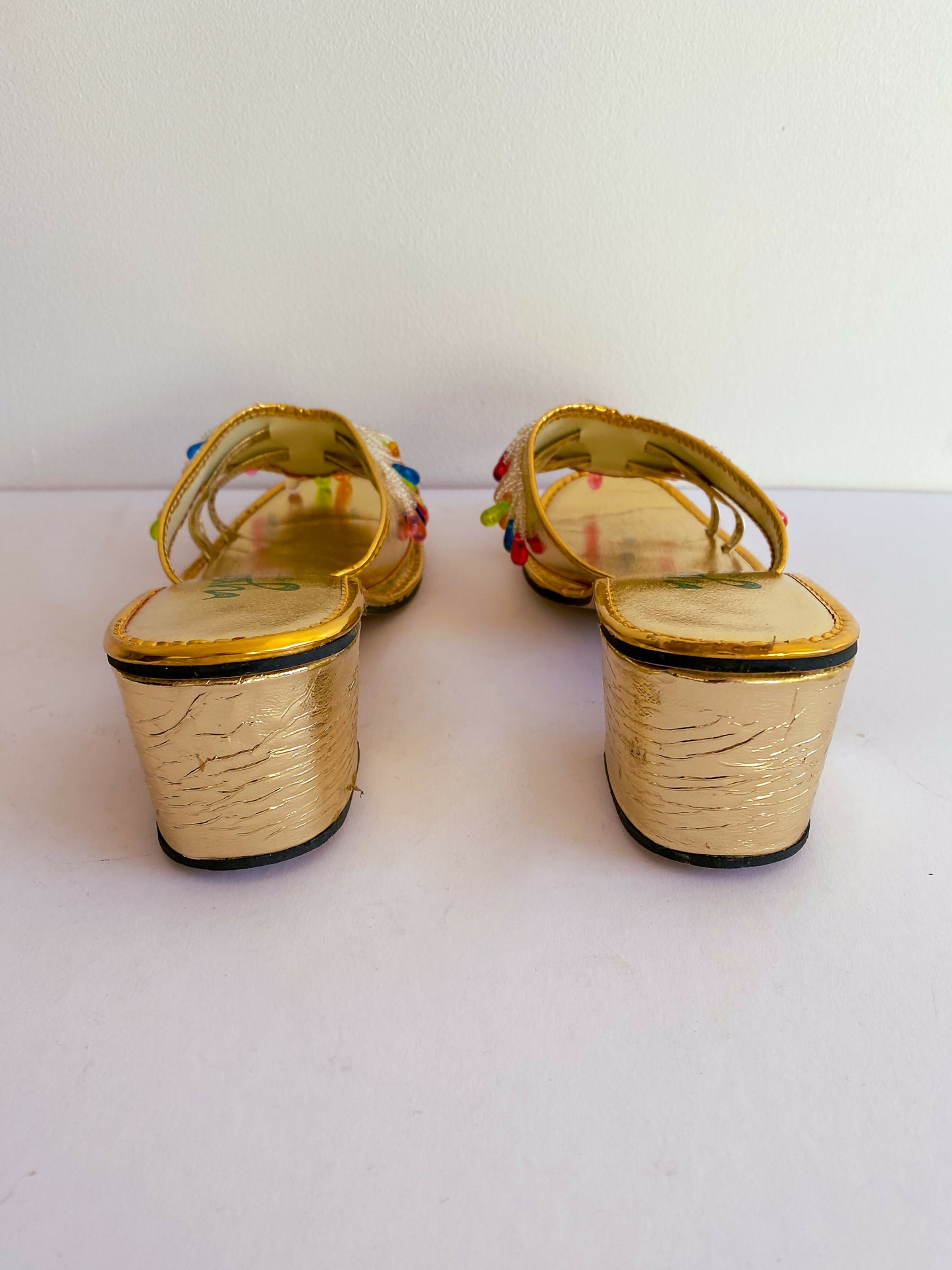 YKee Shoes Size 6 Gold Faux Leather and Bead Embellished Mules