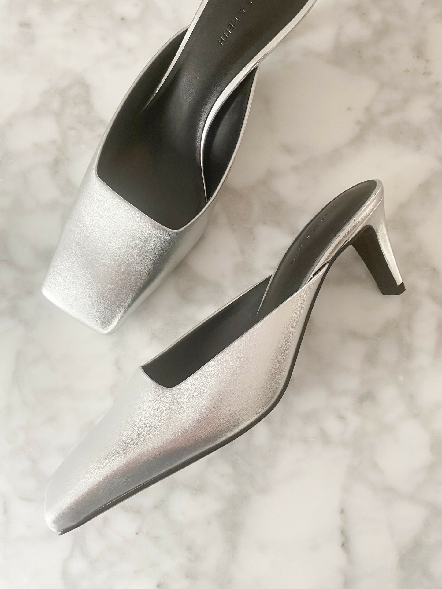 Charles & Keith Silver-Tone Leather Square-Toe Mules