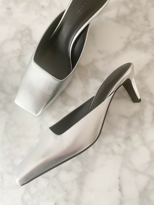 Charles & Keith Silver-Tone Leather Square-Toe Mules