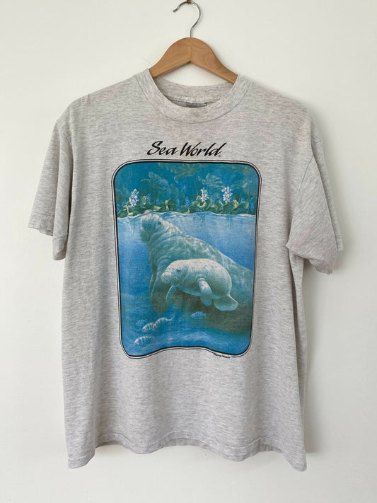 Men's Size L Vintage Sea World Cotton Grey Marle Print T-Shirt