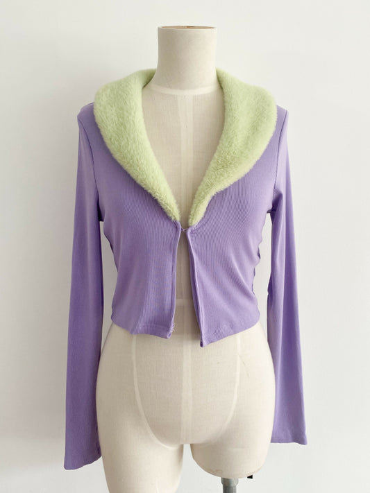 Finesse Size Small Faux Fur-Trimmed Purple Knit Cardigan