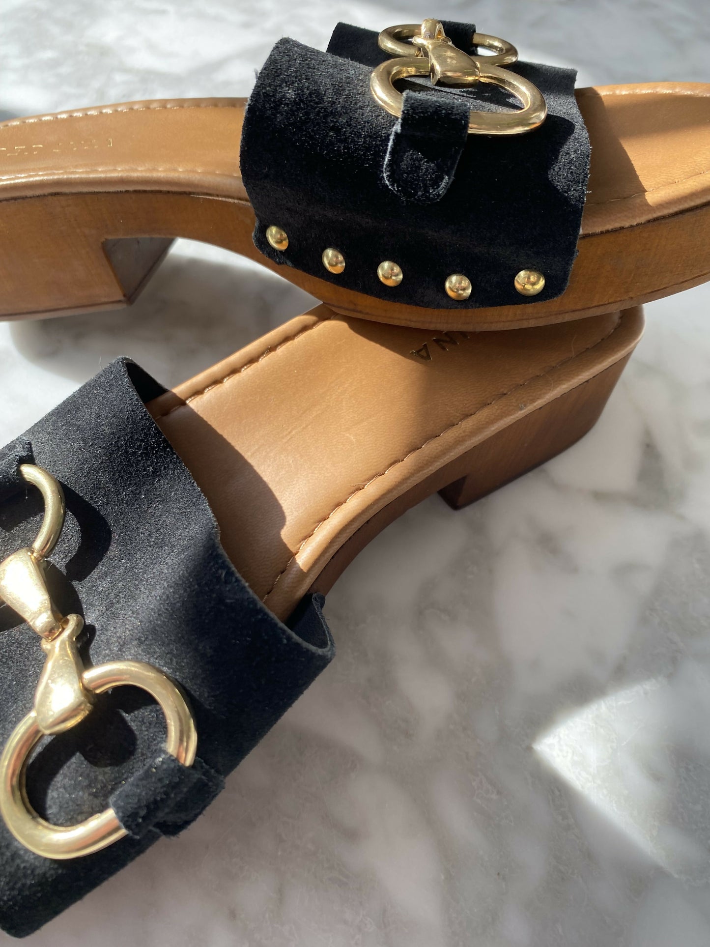 Per Una Size UK 4 Black Faux Suede Sandals