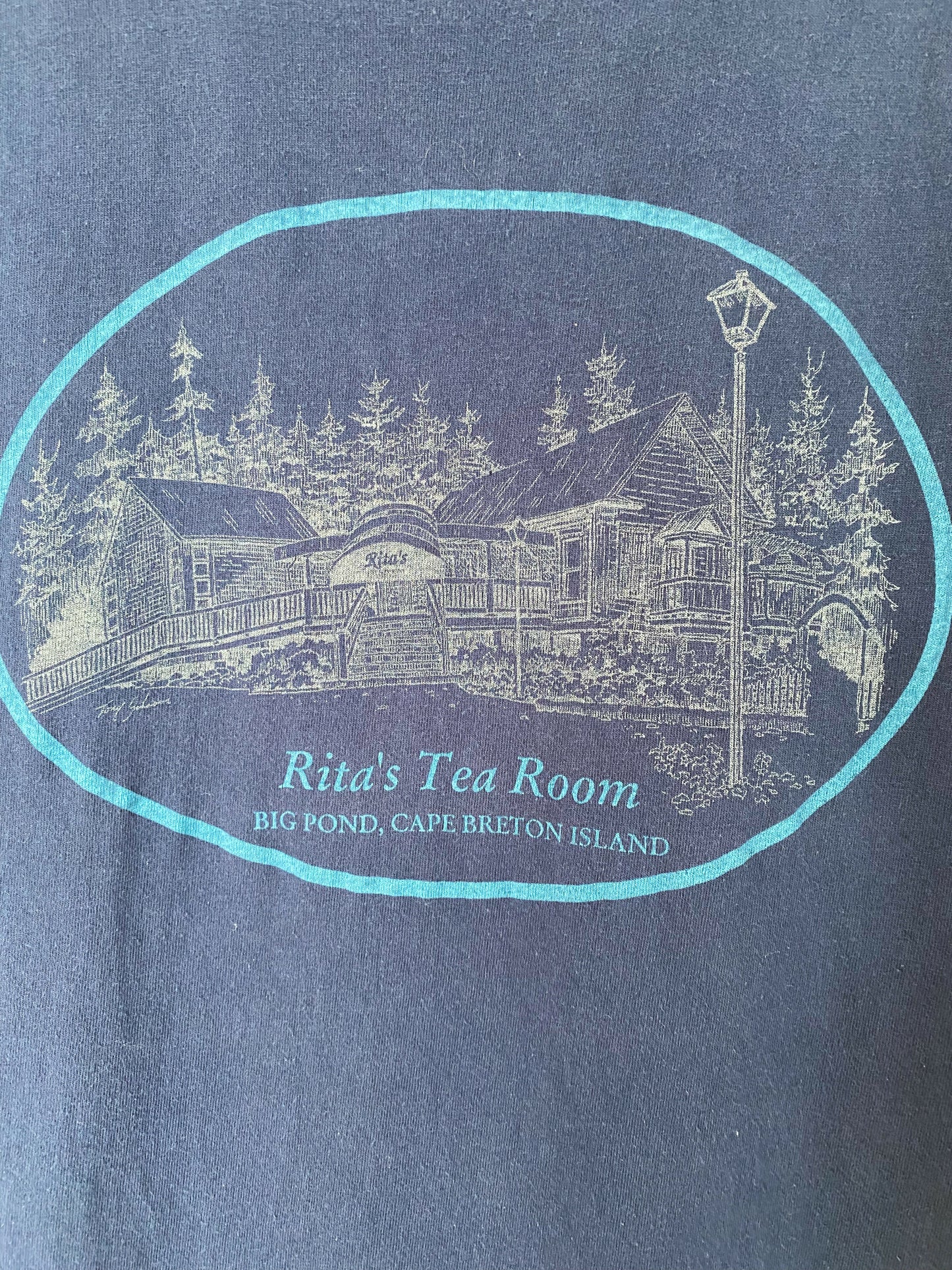 Men's Size L Navy Rita's Tea Room Cotton Print T-Shirt