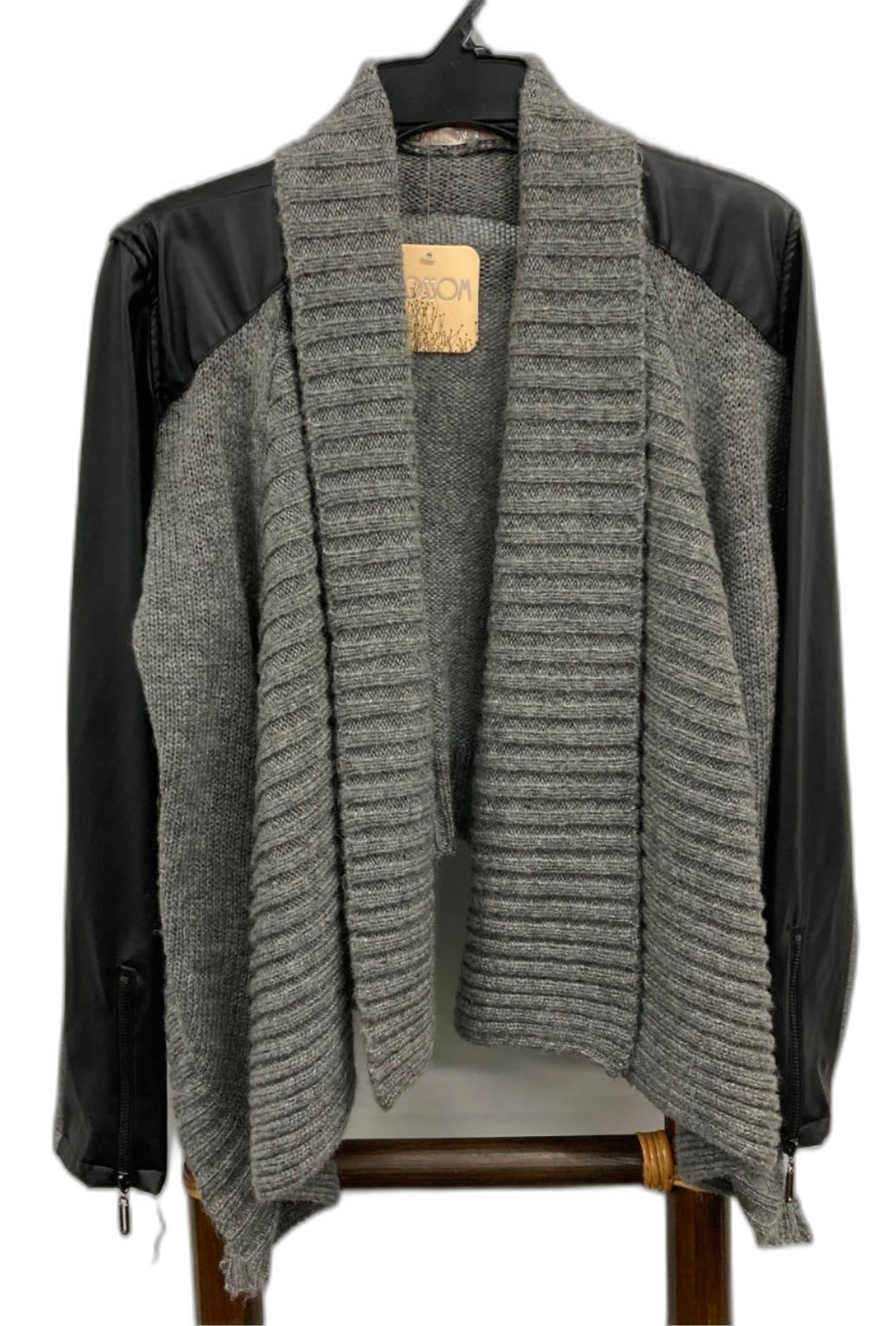 Blossom Black Faux Leather Sleeves Grey Knit Cardigan Ladies Sz M/L NEW