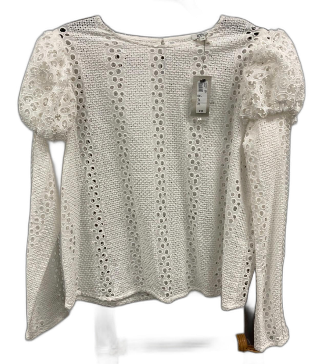 River Island Puffy Sleeve Lace Look L/S Top White Ladies Sz 12 NEW