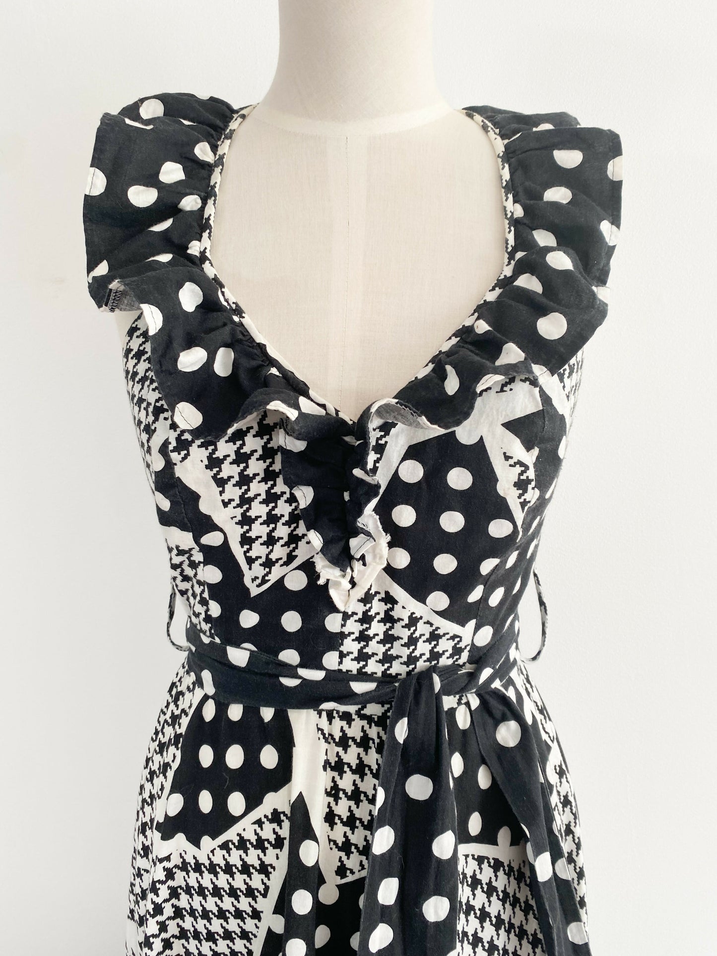 Pret-A-Porter Size 8 Monochrome Ruffled Polka-Dot Cotton Midi Dress