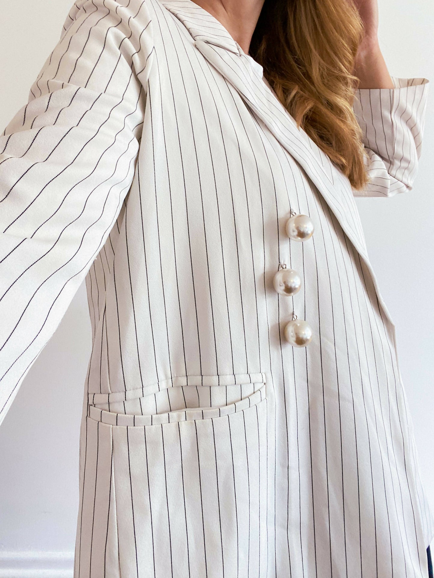 On Line Size Medium Striped Faux Pearl-Embellished Blazer