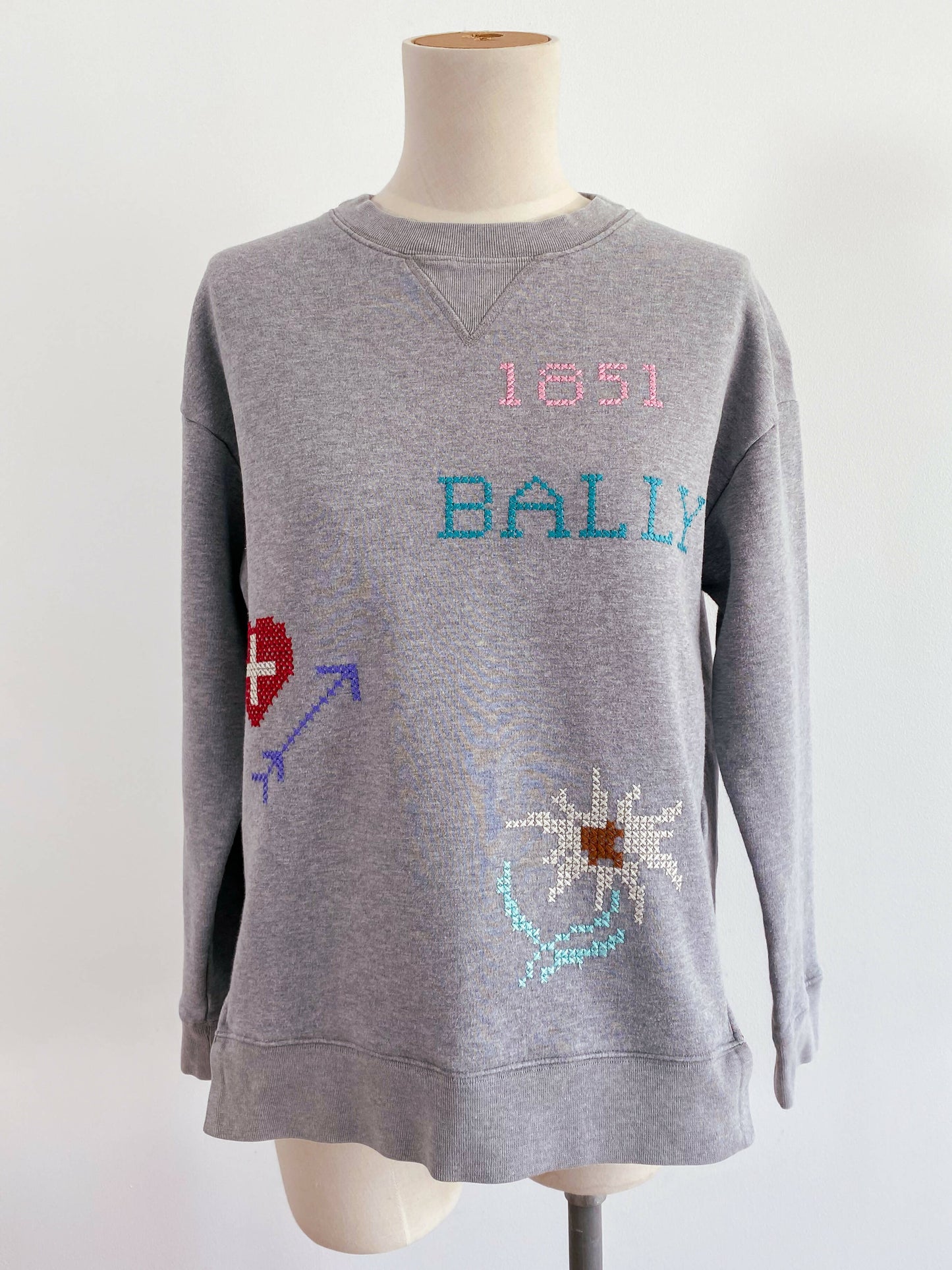 Bally Size 10 Cotton-Blend Grey-Marle Cross Stitch Sweater