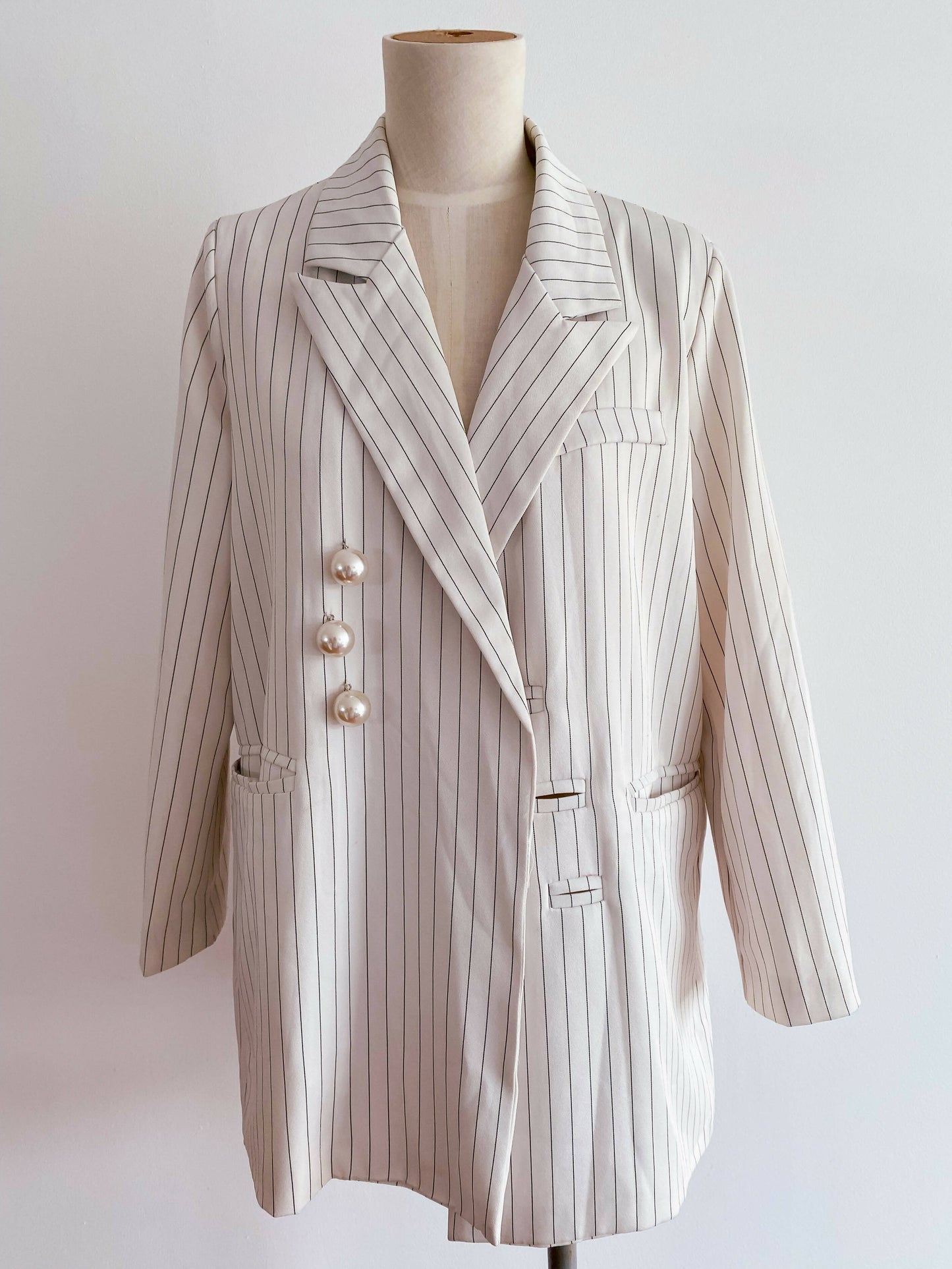 On Line Size Medium Striped Faux Pearl-Embellished Blazer