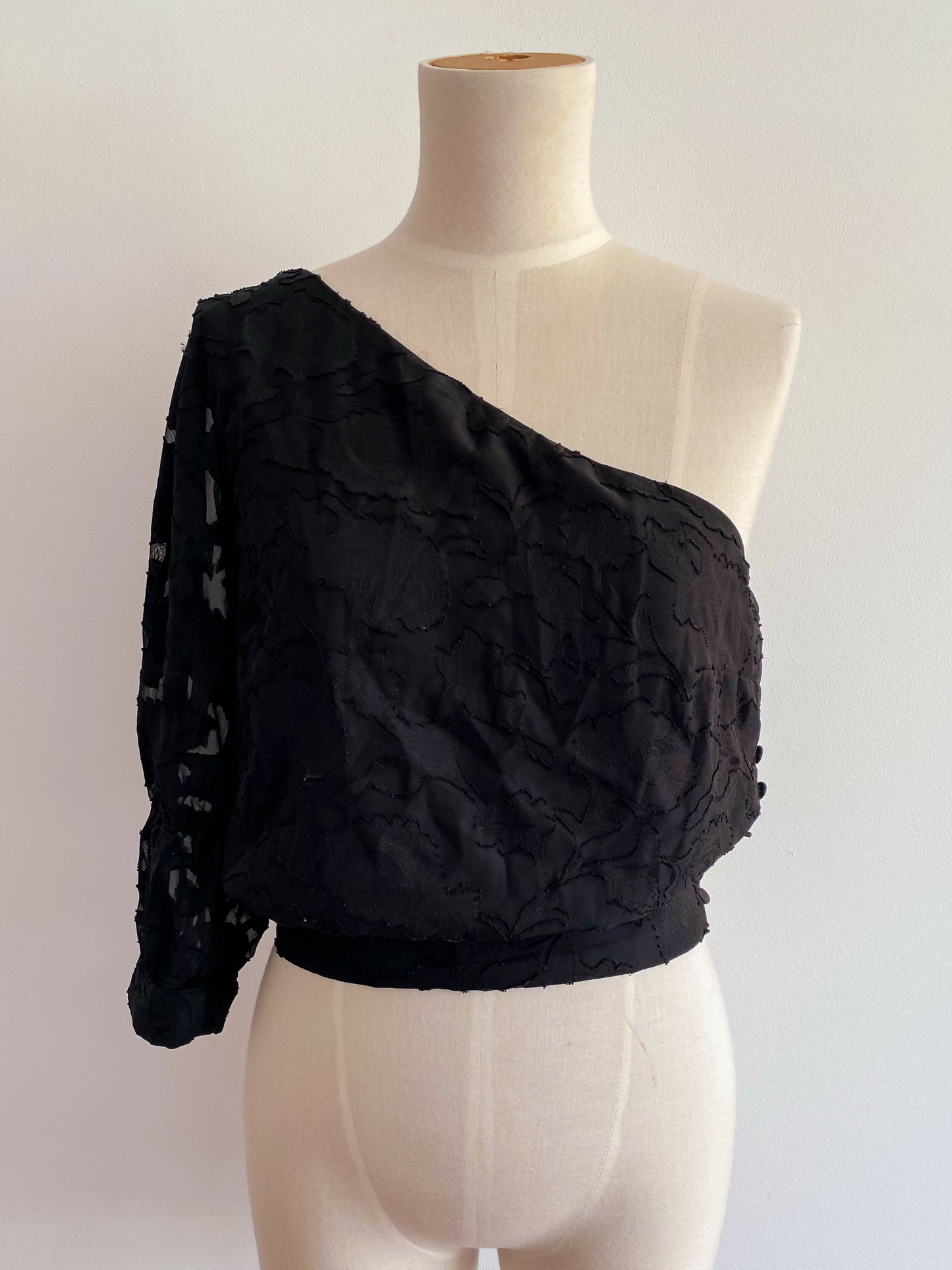 Kookai Size 38 Black Textured One-Shoulder Top