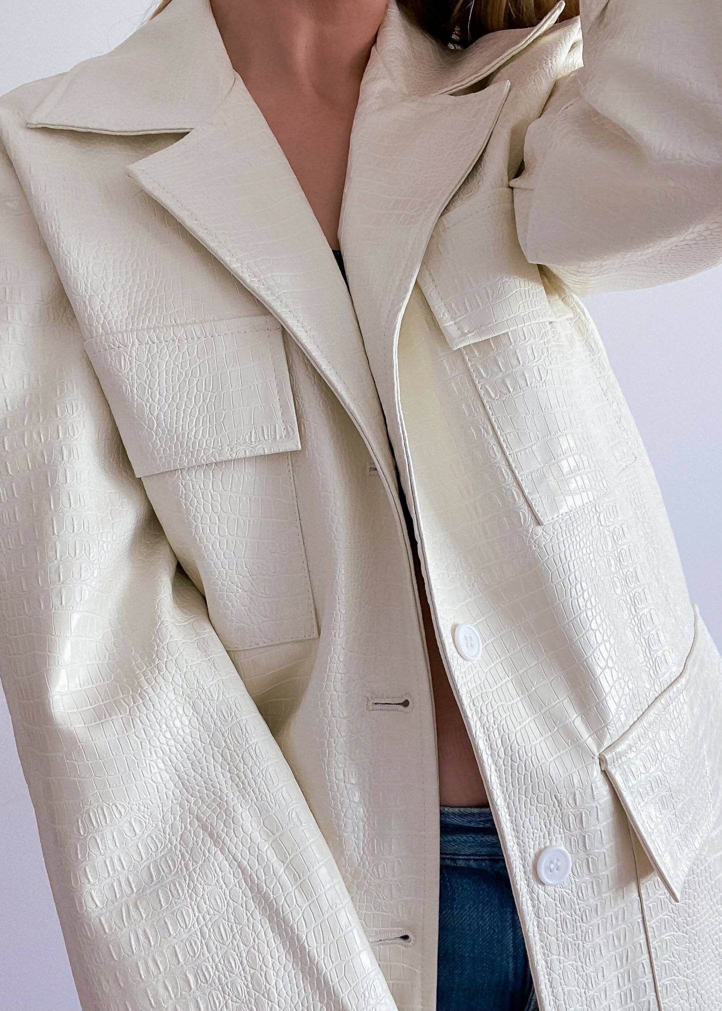 Lioness Extra Small Off-White Croc-Effect Faux Leather Blazer