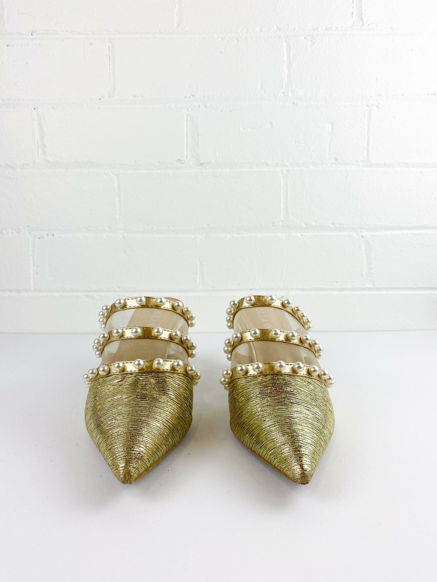 Size 39 Embellished Gold Lamé and Mesh Point-Toe Mules