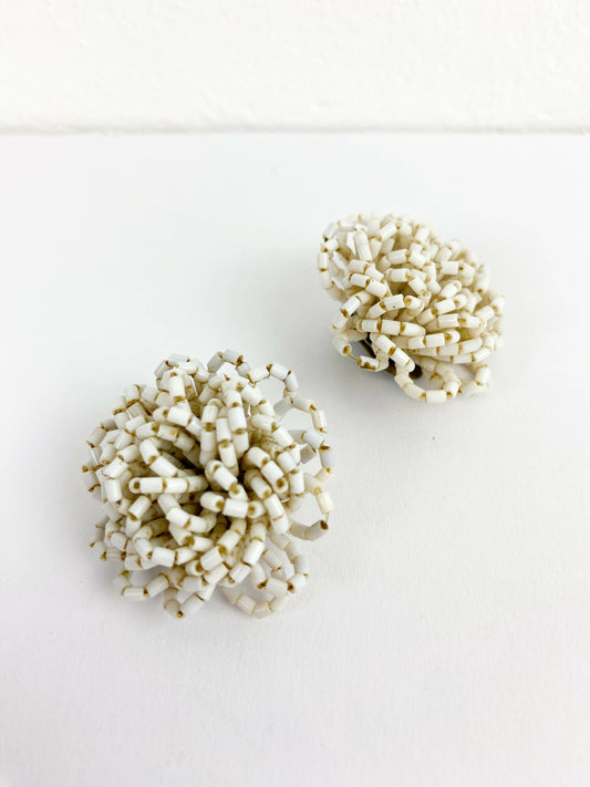 White Beaded Clip-On Earrings