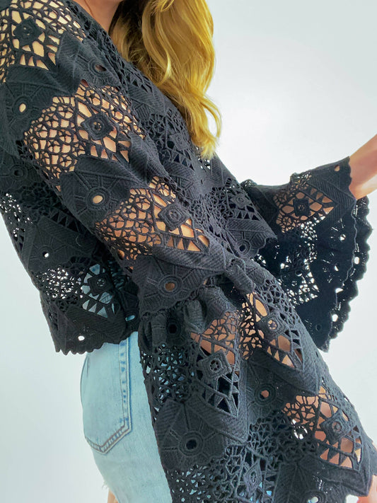 Seed Size 12 Black Lace Bell-Sleeve Top