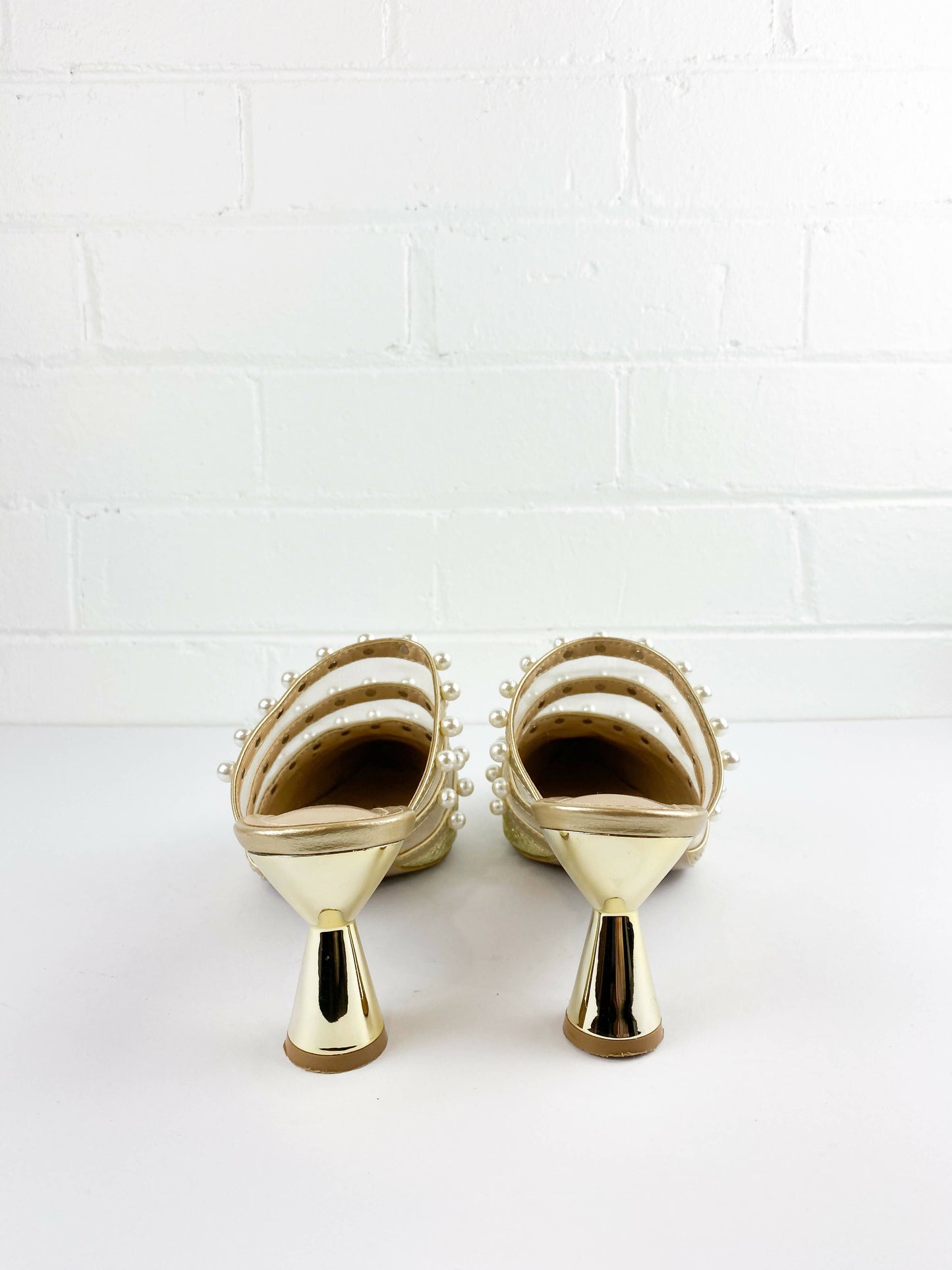 Size 39 Embellished Gold Lamé and Mesh Point-Toe Mules